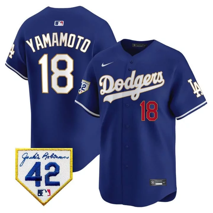 Yoshinobu Yamamoto 18 Dodgers Jersey Royal Blue Jackie Robinson 42 Men White Red