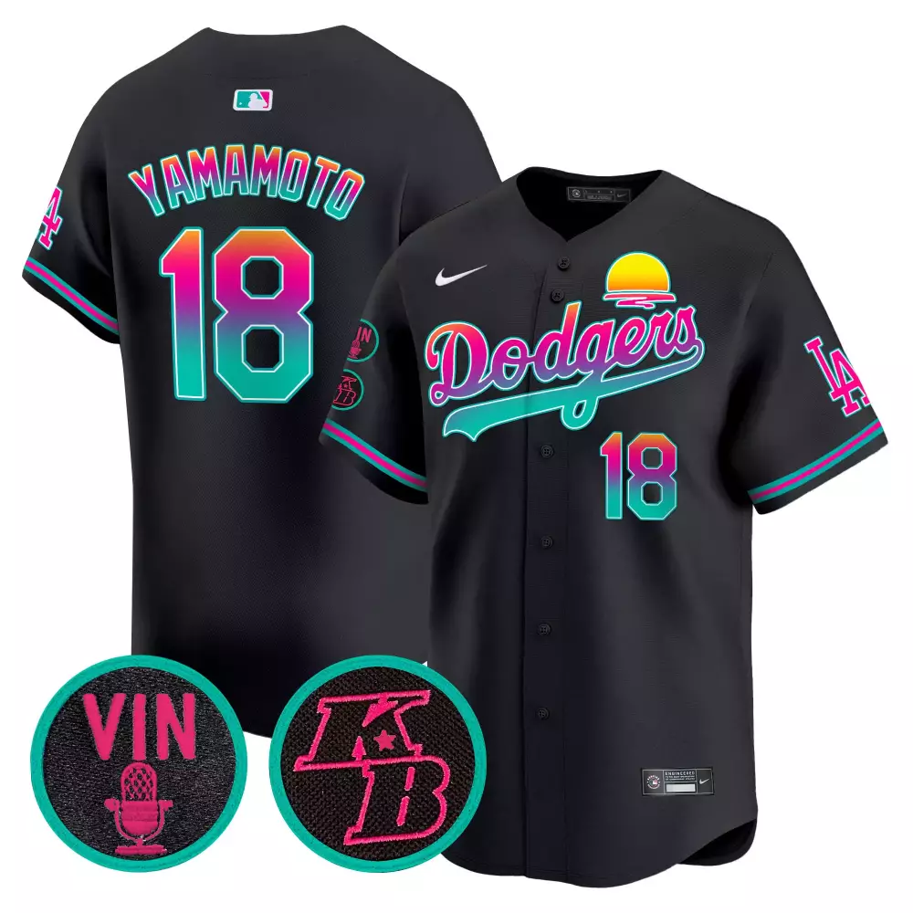 Yamamoto City 18 Dodgers Jersey Black Miami Vice Vin LA Men Split Design Teal Pink