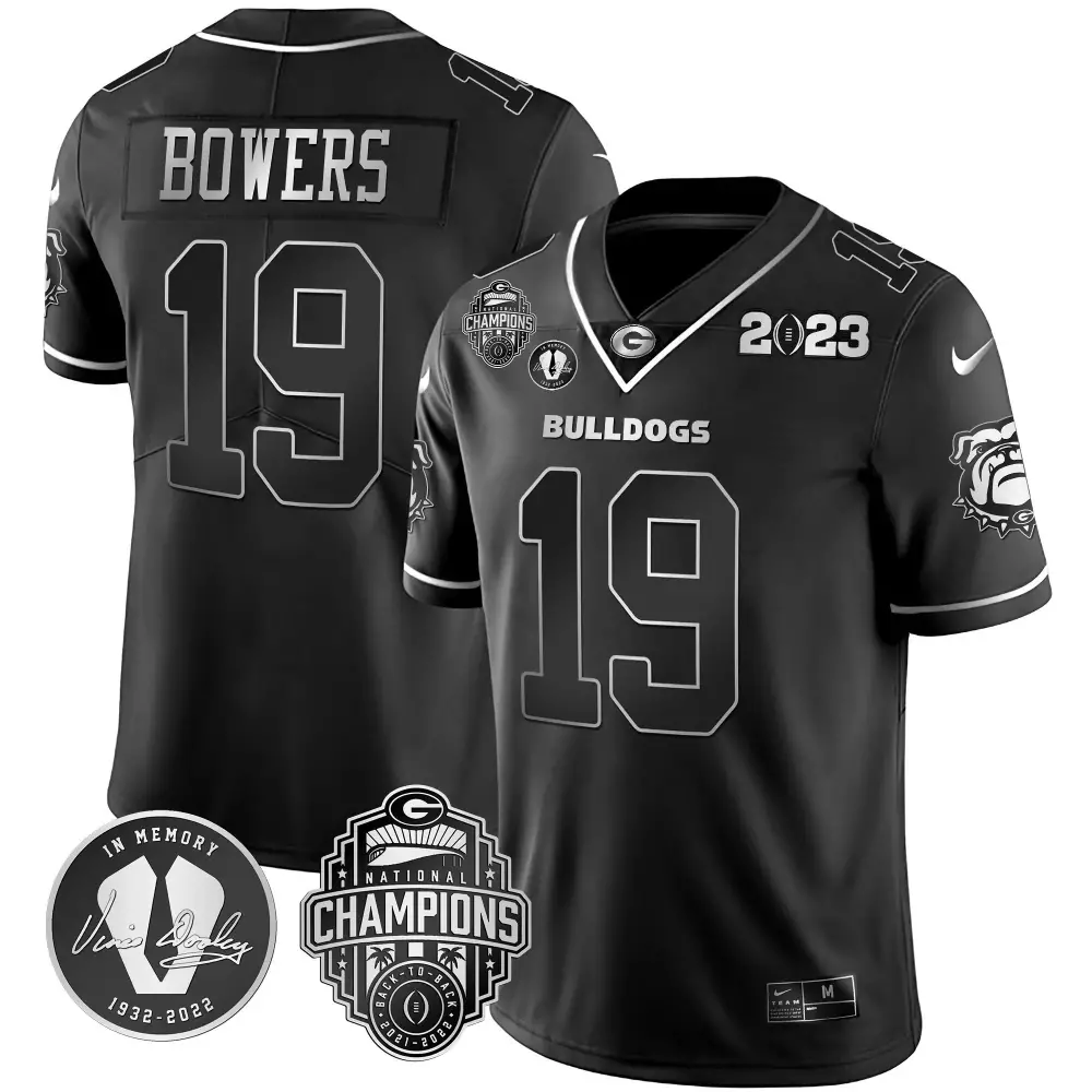Brock Bowers 19 Georgia Bulldogs Jersey Black National Champions 2022 Memory Vince Dooley 1932-2022 2023