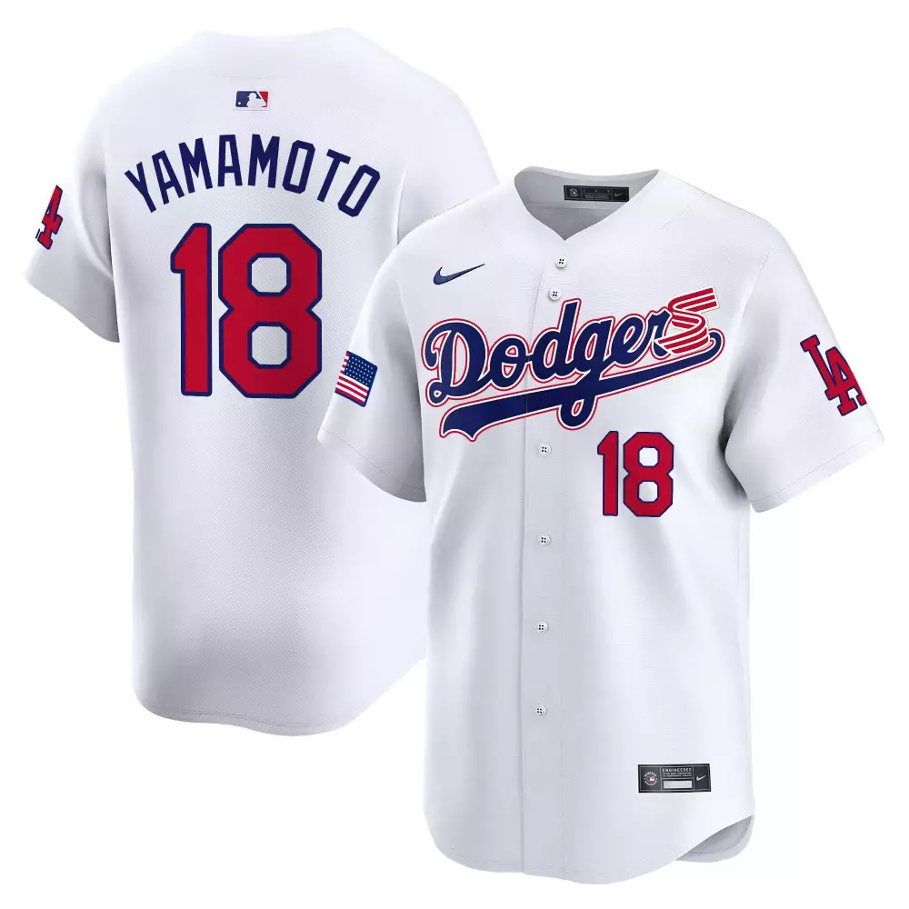 Yamamoto Independence 18 Dodgers Jersey White American Flag LA Men Blue Red Vapor