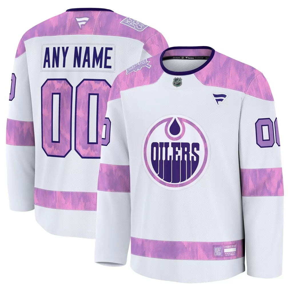 Edmonton Oilers Jersey White Pink Fanatics Fight Men Alternate Split Design Purple