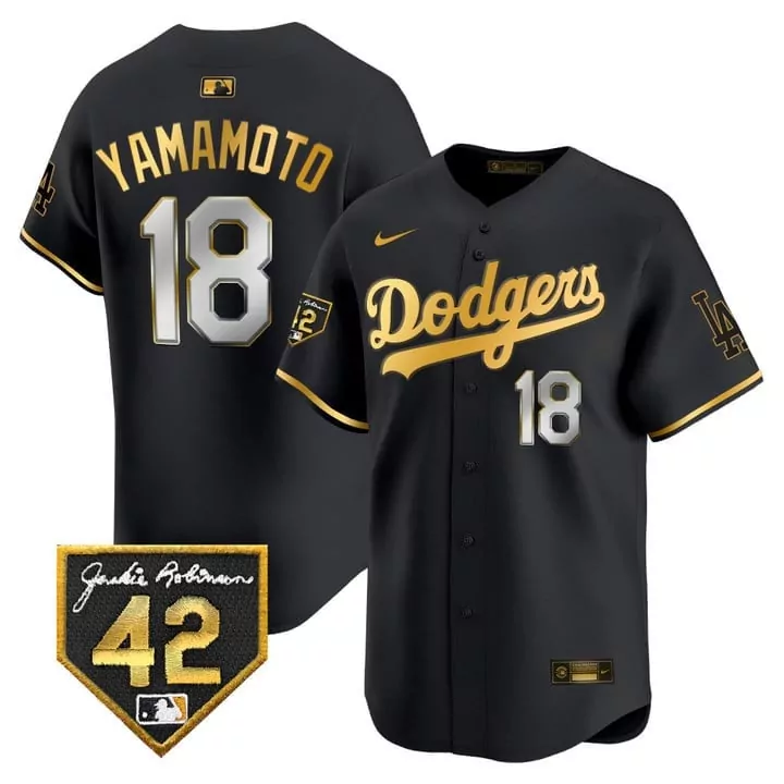 Yoshinobu Yamamoto 18 Dodgers Jersey Black Jackie Robinson Day 42 Men Gold Vapor
