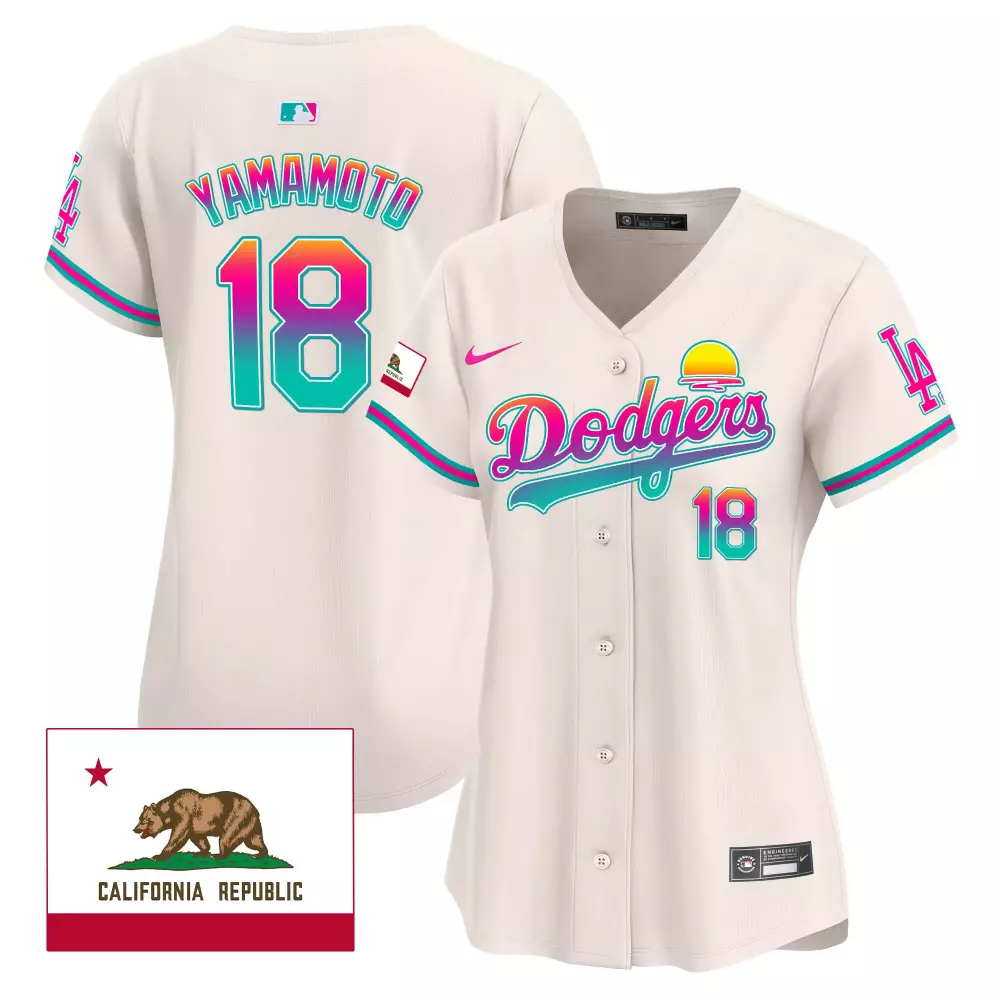 Yamamoto City 18 Dodgers Jersey Cream California Republic Flag Alternate Teal Pink