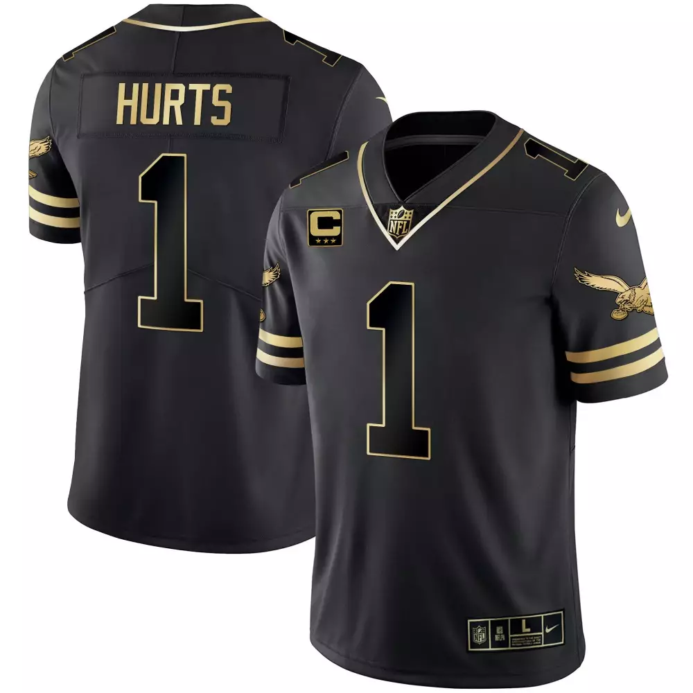 Jalen Hurts 1 Eagles Jersey Black Men Gold Vapor v2 All Stitched
