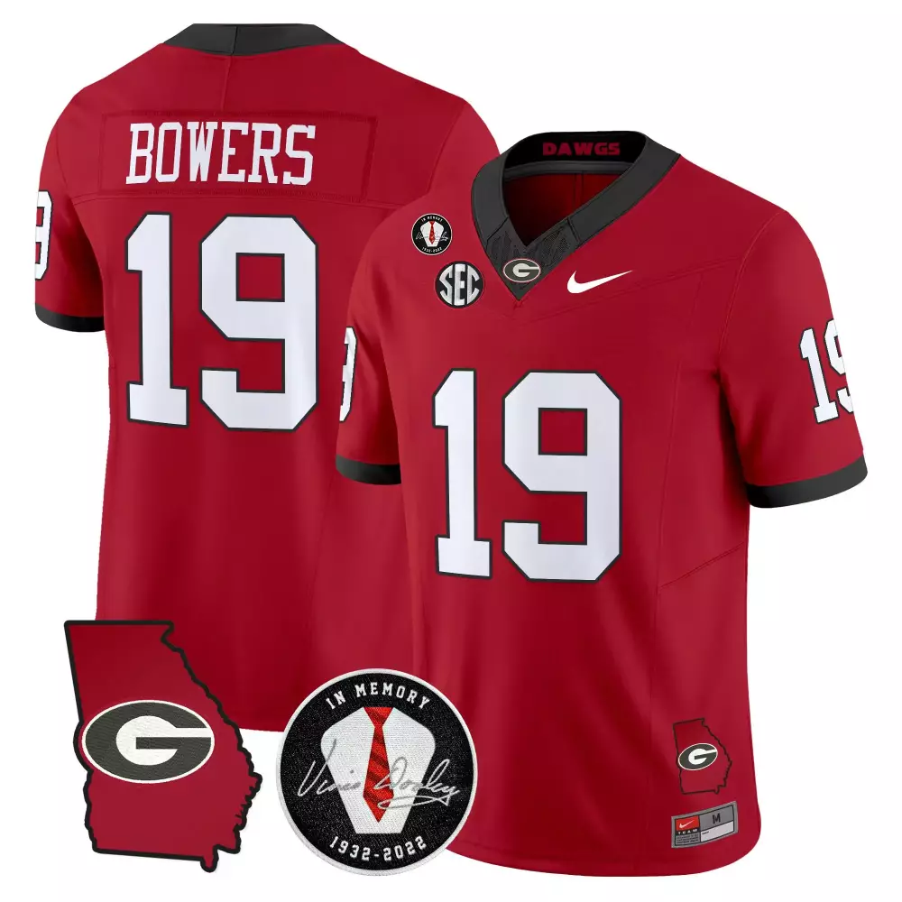 Bowers Bulldogs 19 Jersey Red Vince Dooley Memorial Georgia Memory 1932-2022 State Outline