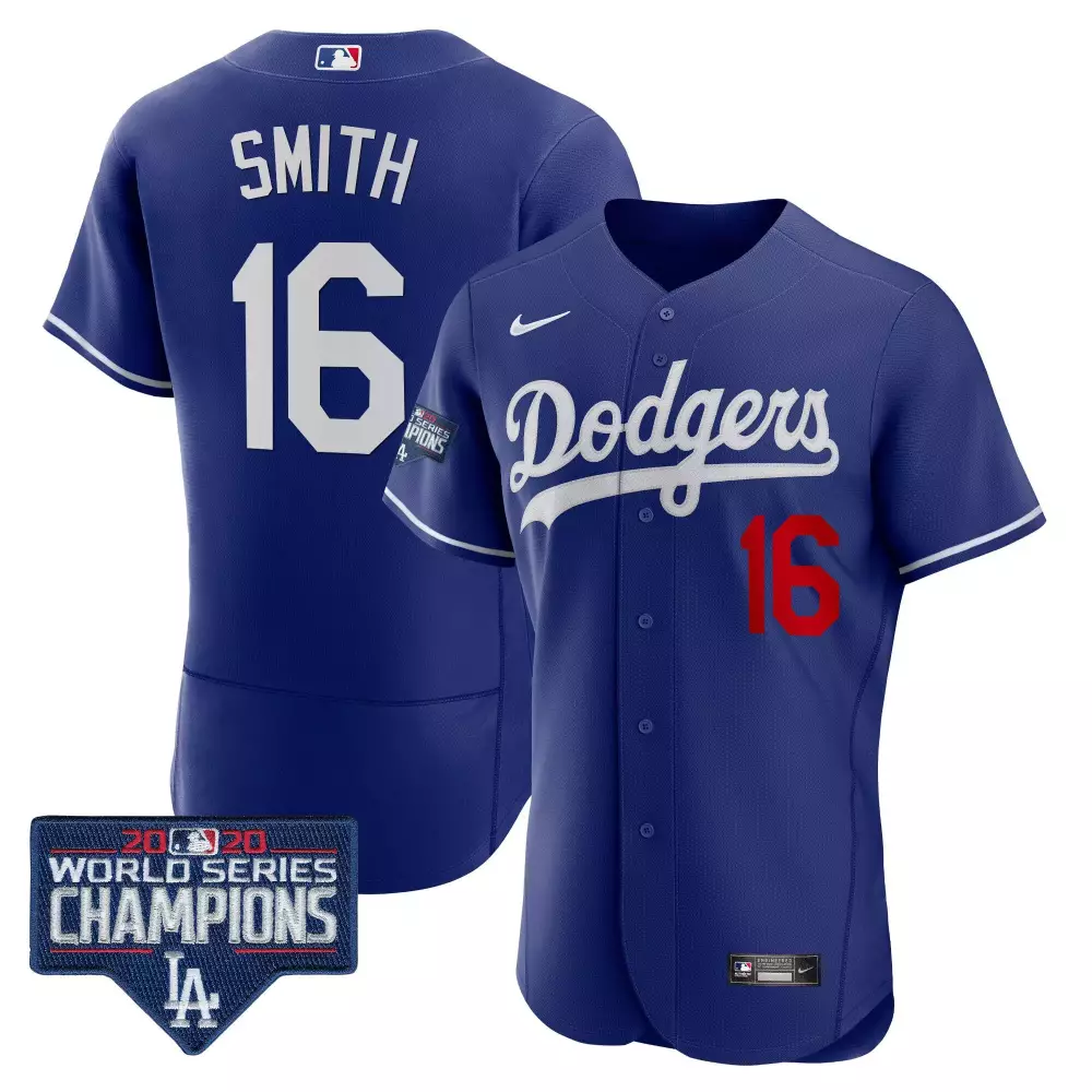 Will Smith 16 Dodgers Jersey Blue 2020 World Series Champions Men White Red Flex