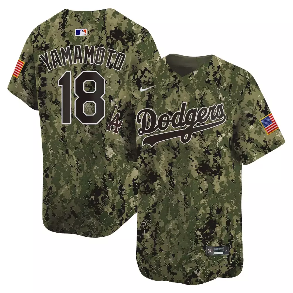 Yoshinobu Yamamoto 18 Dodgers Jersey Green Military Appreciation USA Flag Men Alternate