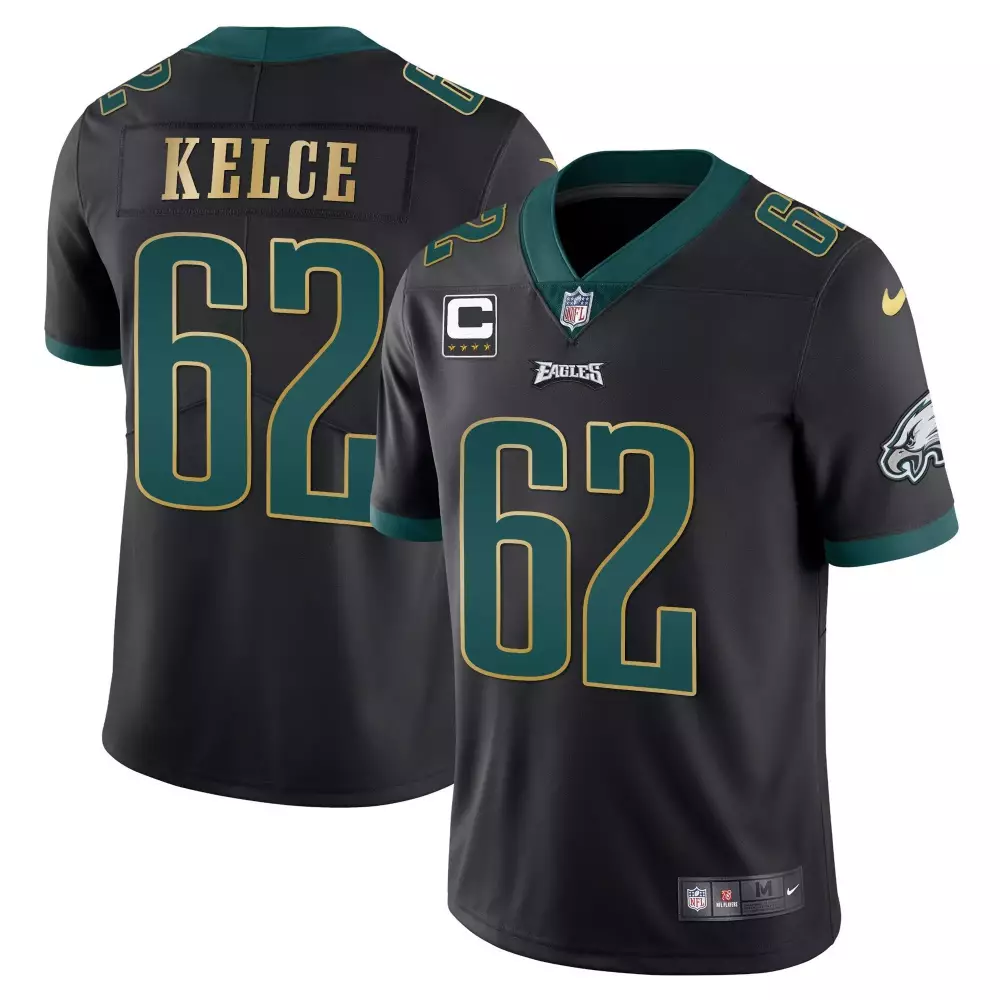 Kelce 62 Eagles Jersey Black Captain Men NFL Green Gold Vapor All Stitched