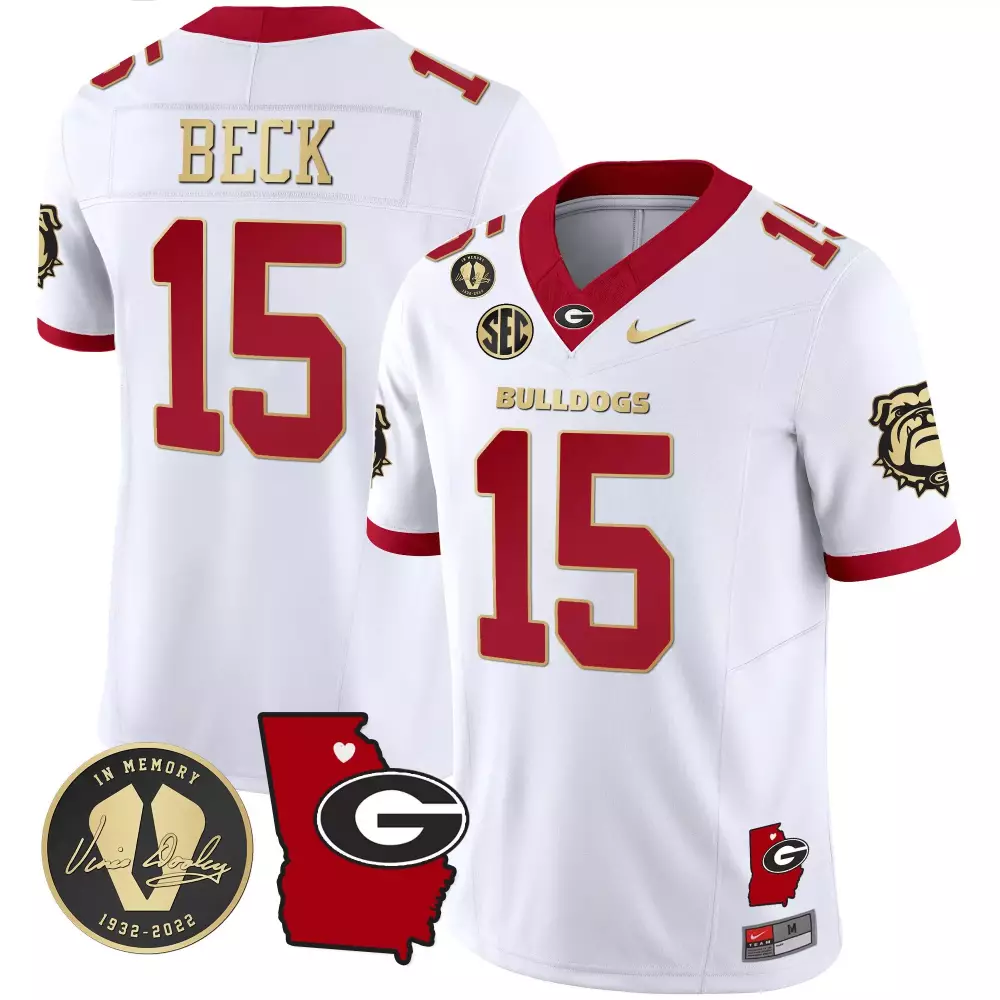 Carson Beck 15 Georgia Bulldogs Jersey White Vince Dooley Memorial Men Red Gold Vapor