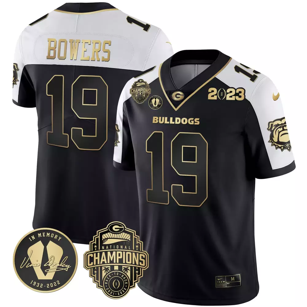 Brock Bowers 19 Georgia Bulldogs Jersey Black National Champions Back-to-back 2021-2022 Memory Vince Dooley 1932-2022 2023