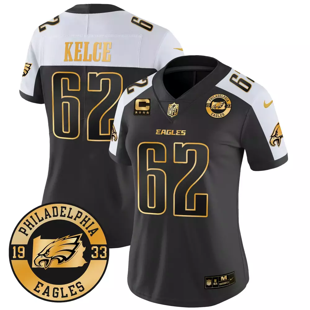 Jason Kelce 62 Eagles Jersey Black Captain's Eagle 1933 Men Replica Alternate Split Design