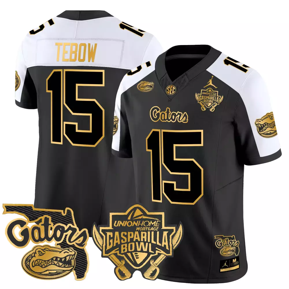 Tim Tebow 15 Gators Jersey Black Gasparilla Bowl Men Split Design White Gold Stitched