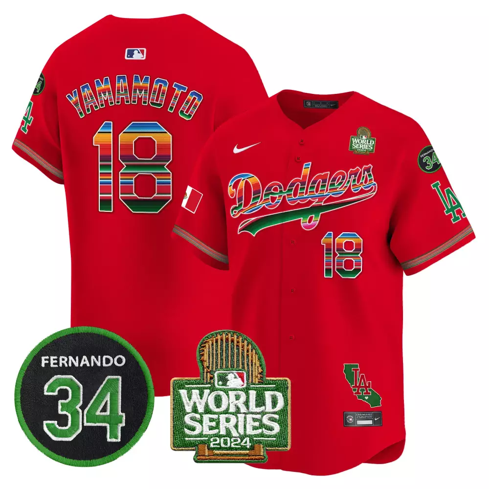 Yamamoto Mexico 18 Dodgers Jersey Red World Series 2024 LA Men MLB Split Design Green