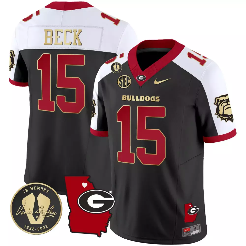 Carson Beck 15 Georgia Bulldogs Jersey Black In Memory Of Vince Dooley Men Split Design