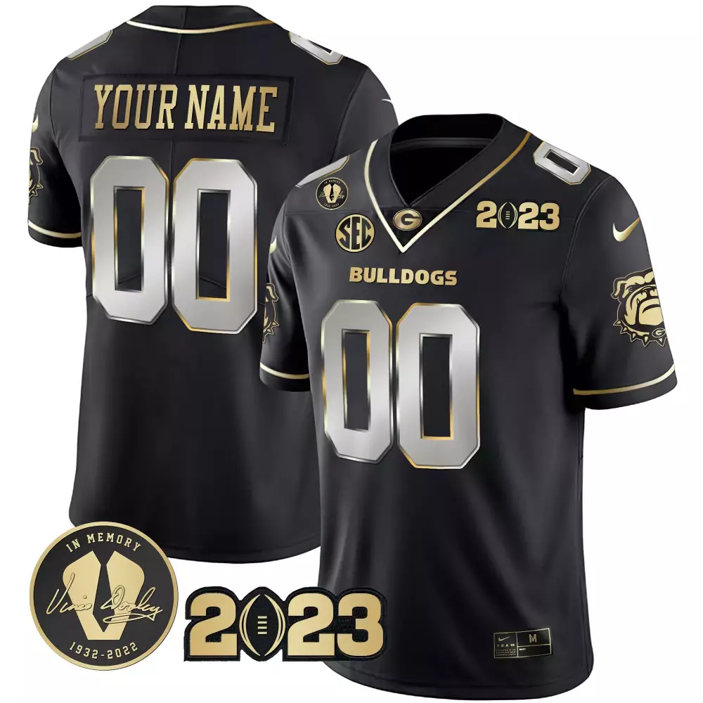 Custom Georgia Bulldogs Jersey Black Vince Dooley Memorial Memory 1932-2022 Men Gold