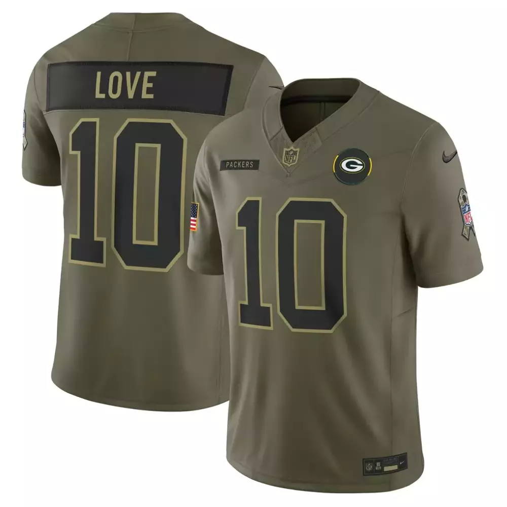 Love Service 10 Packers Jersey Olive Green Salute To American Flag Breast Cancer Awareness Ribbon