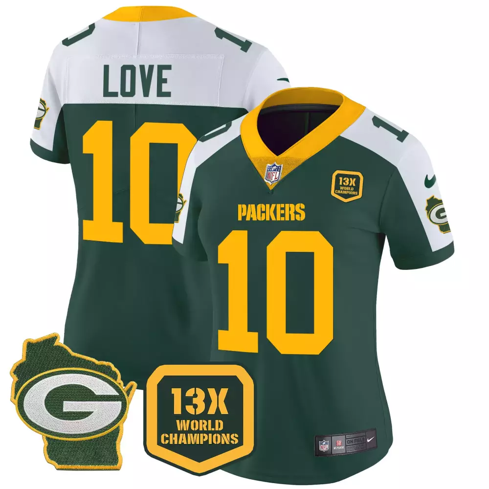 Love Time 10 Packers Jersey Green Wisconsin Outline 13x World Champions Badge Men