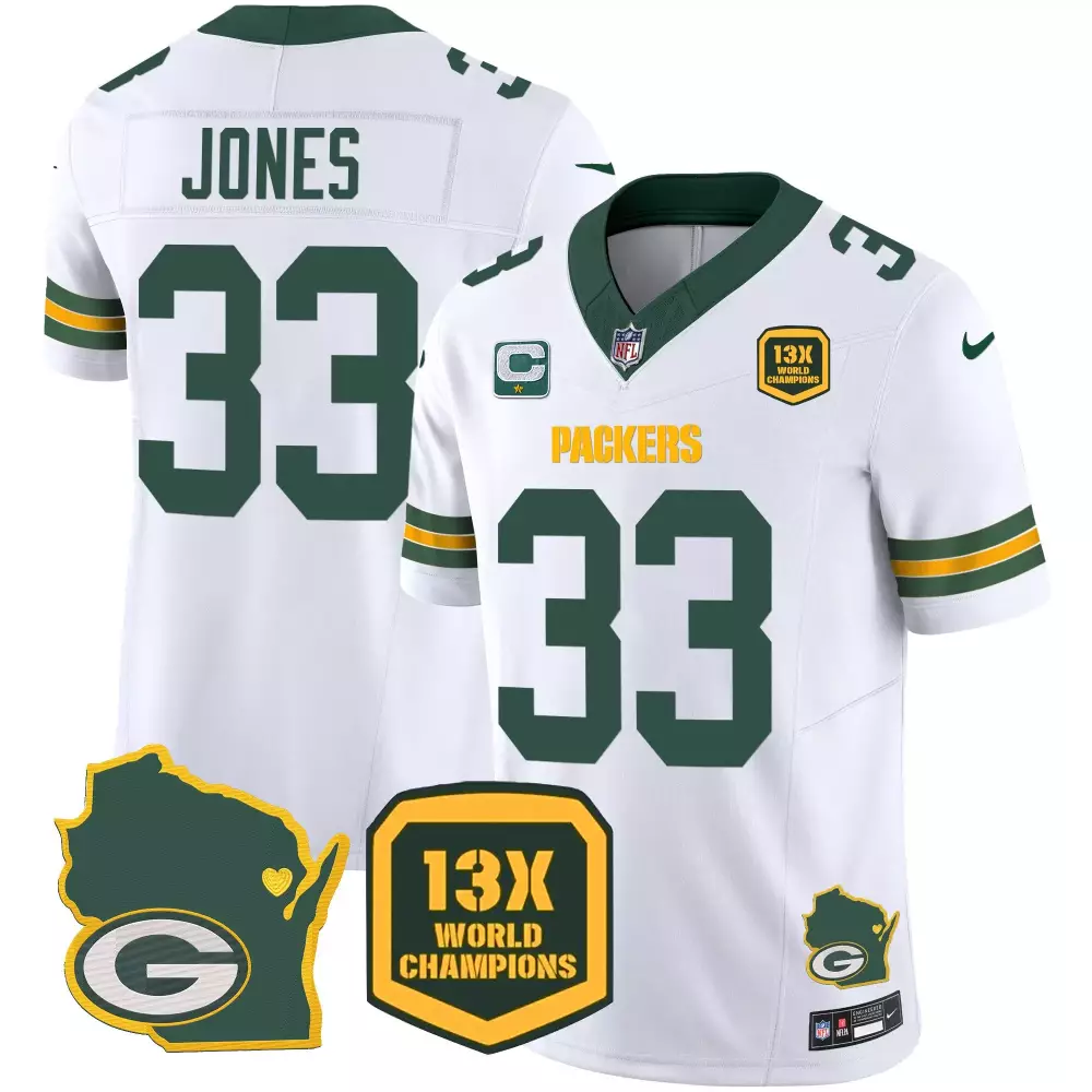 Aaron Jones 33 Packers Jersey White 13X World Champions Wisconsin State Map Men Green