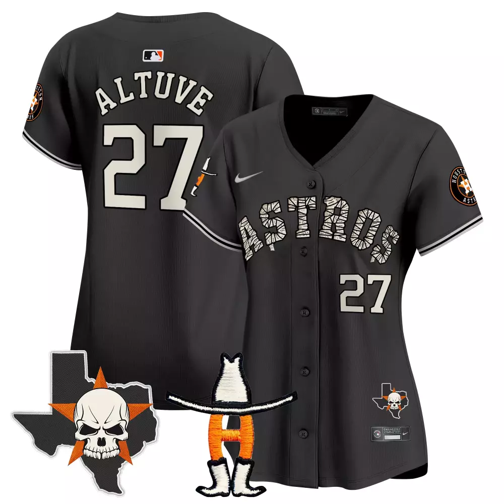 Jose Altuve 27 Astros Jersey Black Halloween Texas Outline Skull Star Cowboy Hat Boots
