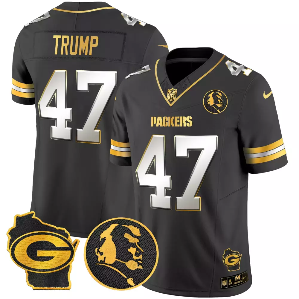 Donald Trump 47 Packers Jersey Black Wisconsin State Outline Green Bay Men Player