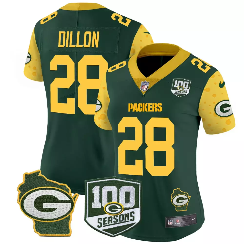Aj Dillon 28 Packers Jersey Green 100th Season 100 Seasons Wisconsin State Outline