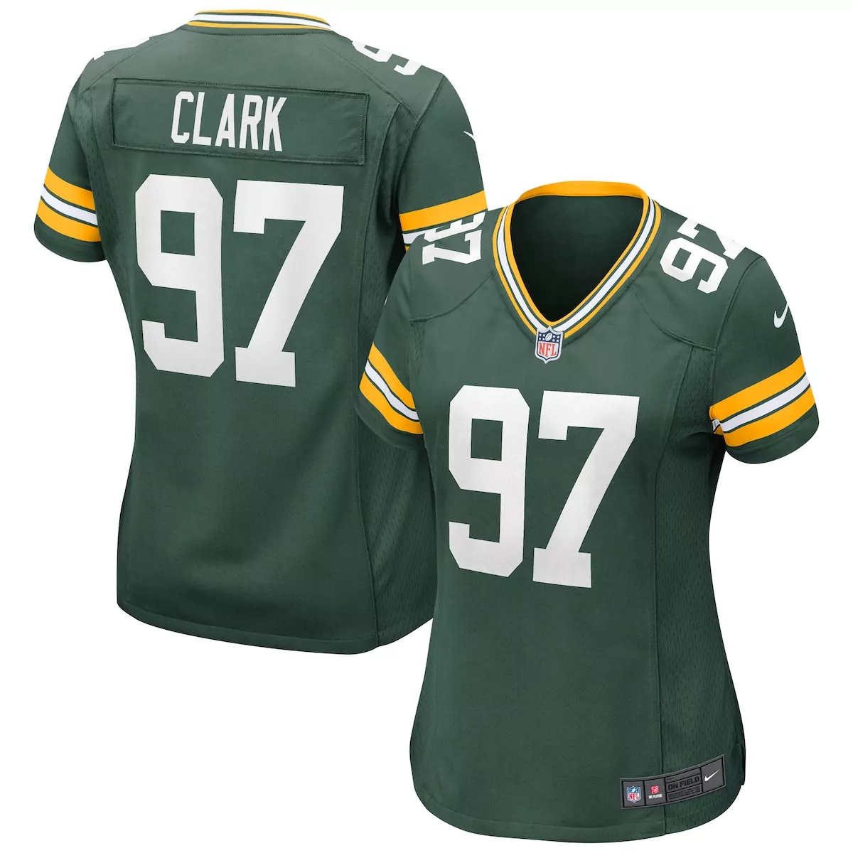 Clark 97 Green Bay Packers Jersey Women Replica White Gold Game