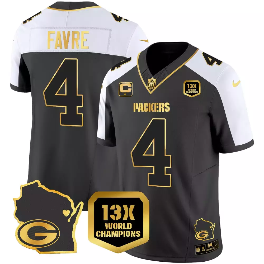 Brett Favre 4 Packers Jersey Black 13x World Champions Badge Wisconsin Outline Men