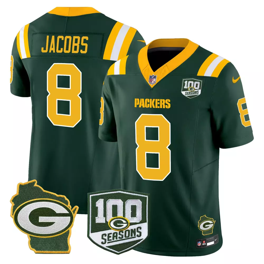 Josh Jacobs 8 Green Bay Packers Jersey 100th Season 100 Seasons Wisconsin Shape Men