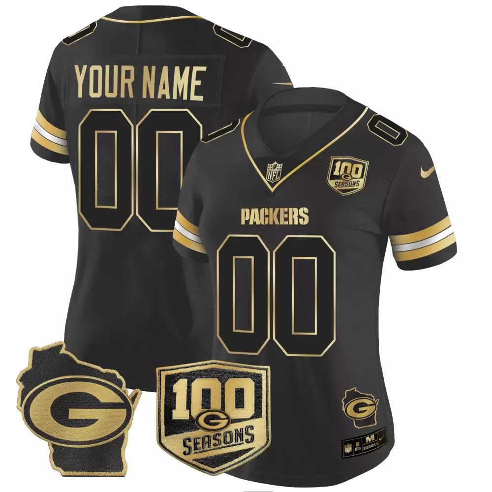 Custom Packers Jersey Black 100th Season 100 Seasons Wisconsin Shape 2019 Game Gold
