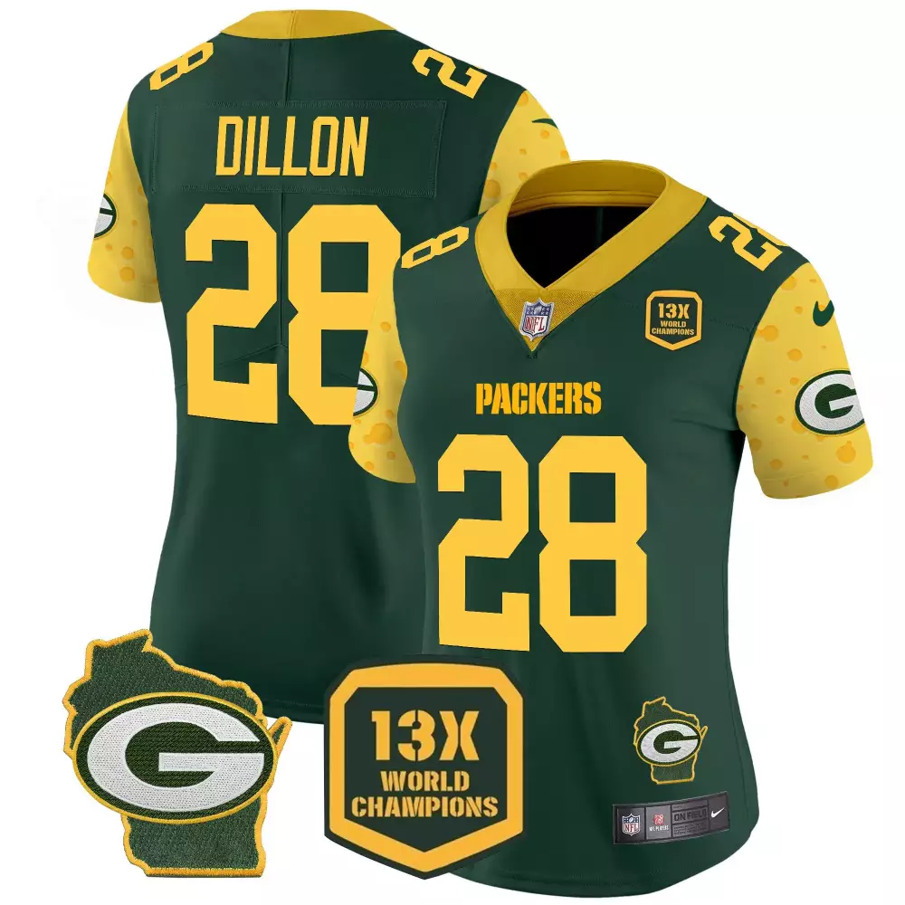 Aj Dillon 28 Packers Jersey Green Wisconsin 13X World Champions Men Player Yellow