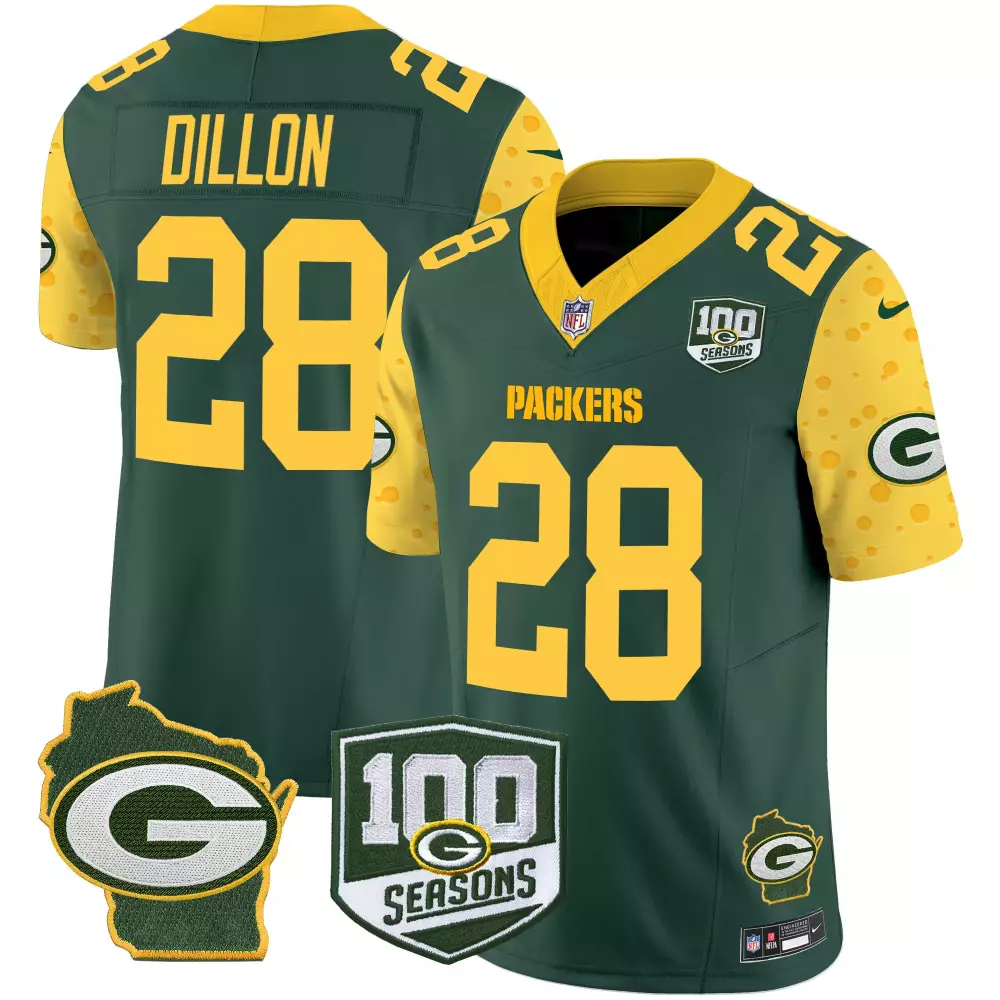 Aj Dillon 28 Packers Jersey Green 100th Season 100 Seasons Wisconsin Outline Men