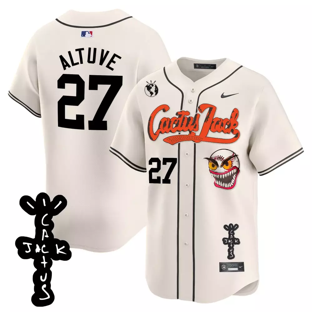 Jose Altuve 27 Houston Astros Jersey Cream Cactus Jack Men Black Orange Stitched