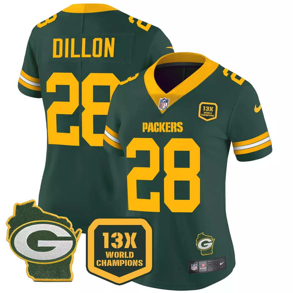 Aj Dillon 28 Packers Jersey Green 13x World Champions Bay Men Yellow White Home Vapor