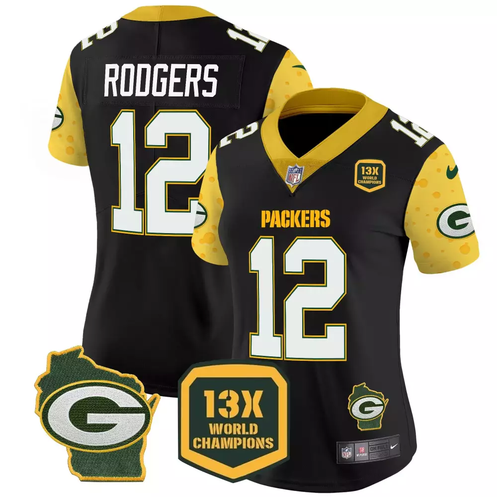 Aaron Rodgers 12 Packers Jersey Black 13x World Champions Wisconsin Shape Men Alternate