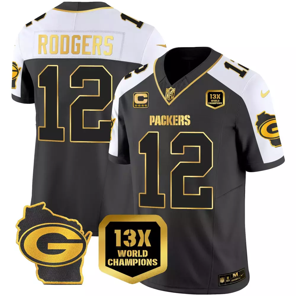 Aaron Rodgers 12 Packers Jersey Black Wisconsin 13X World Champions Men Alternate