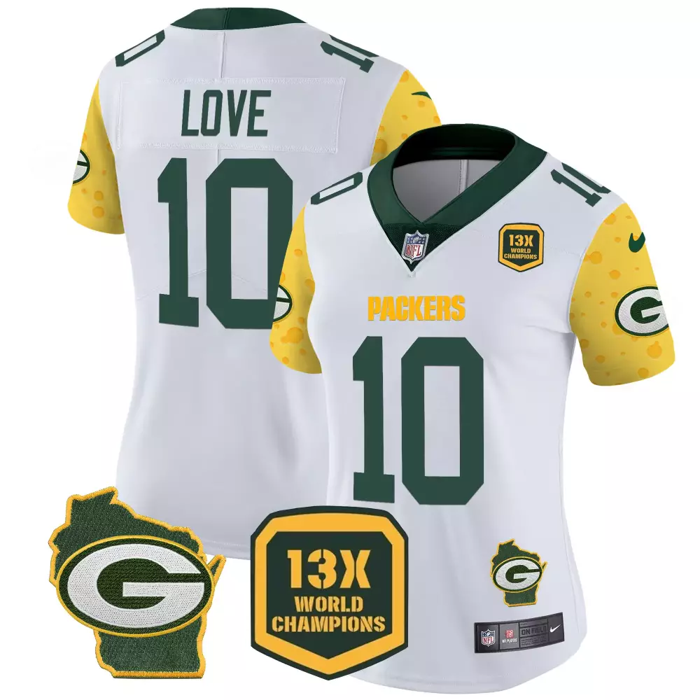 Love 10 Packers Jersey White 13x World Champions Badge Wisconsin State Shape Team