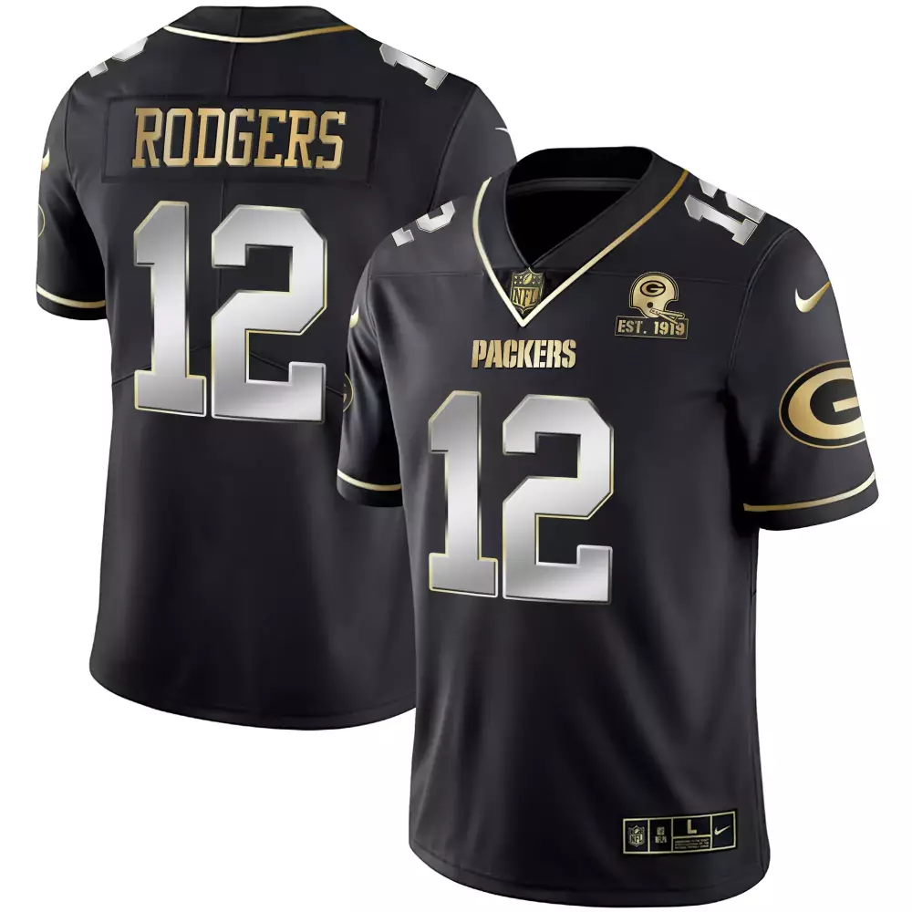 Aaron Rodgers 12 Packers Jersey Black Men Alternate Gold Silver Stitched