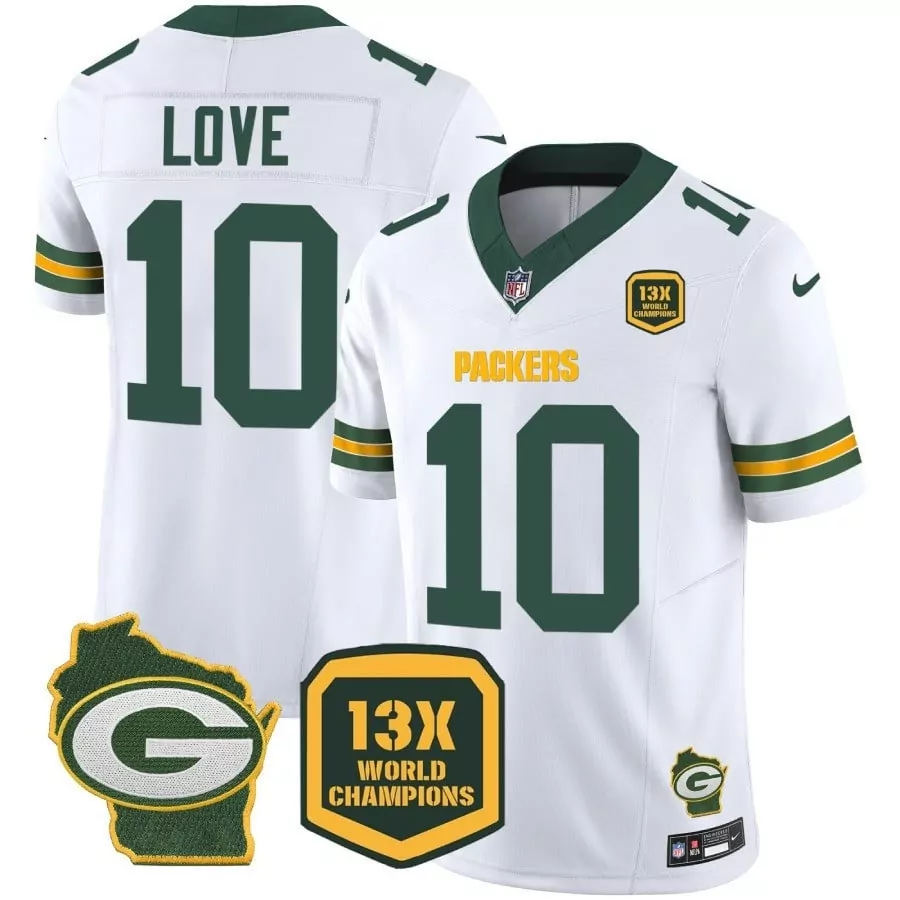 Love Time 10 Packers Jersey White 13X World Champions Men Green Yellow Home Vapor