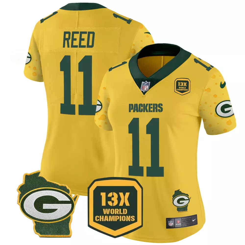 Jayden Reed 11 Packers Jersey Yellow 13x World Champions Badge Wisconsin Outline