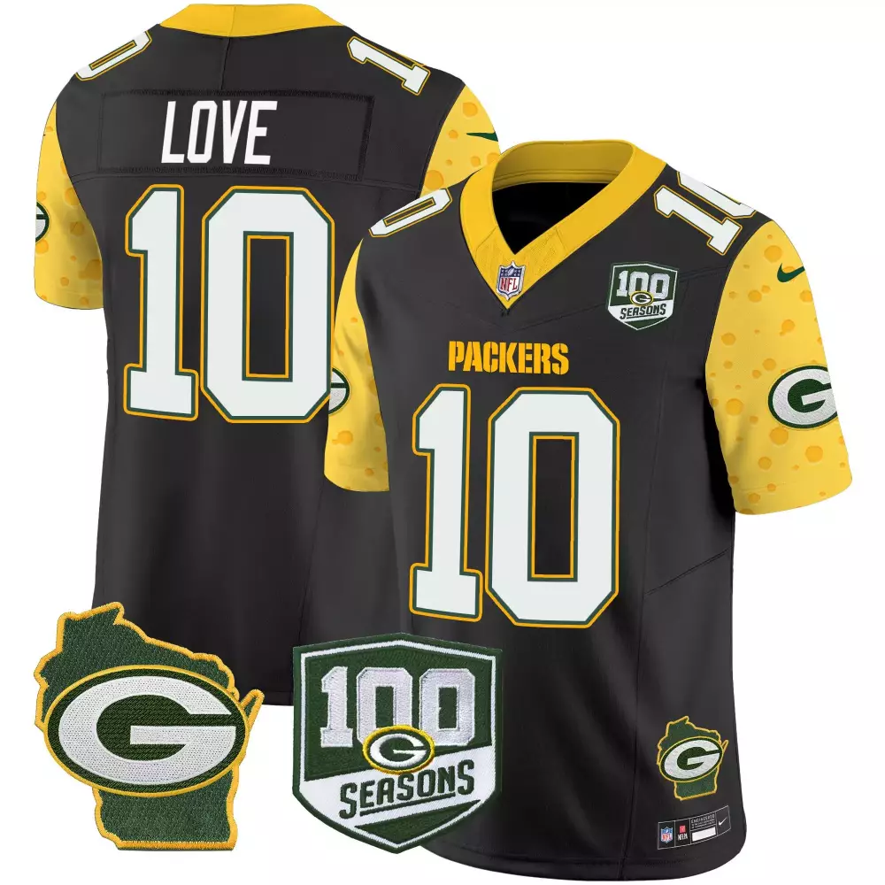 Love Cheese 10 Packers Jersey Black 100th Season 100 Seasons Wisconsin State Men