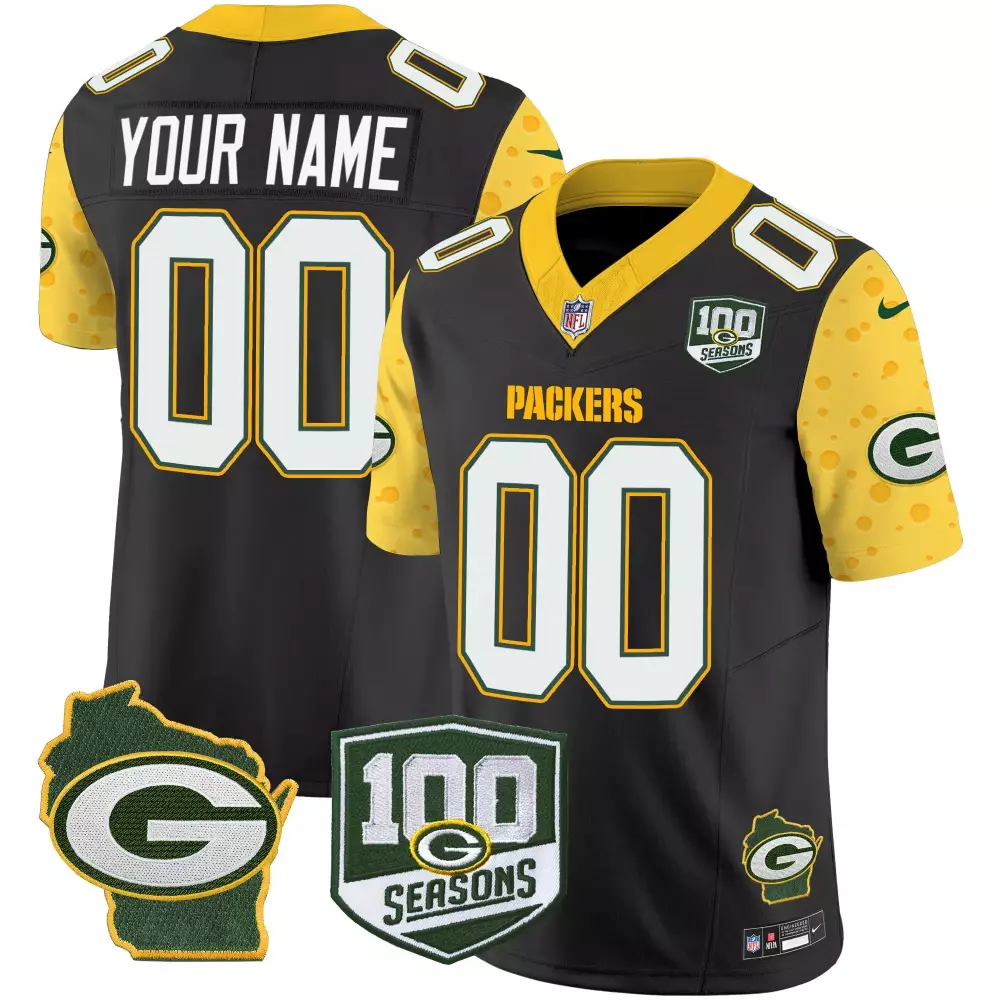 Custom Packers Jersey Black 100 Seasons Wisconsin State Outline Men Authentic Yellow
