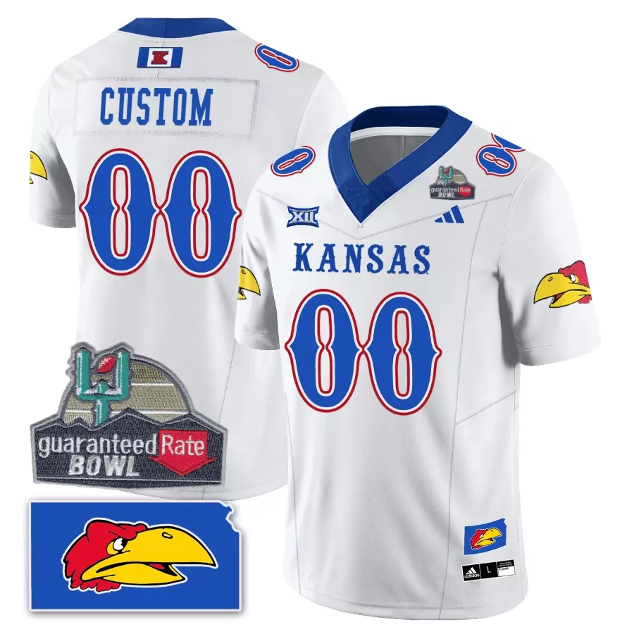 Custom Kansas Jayhawks Jersey White Guaranteed Rate Bowl Men Blue Red Vapor Limited
