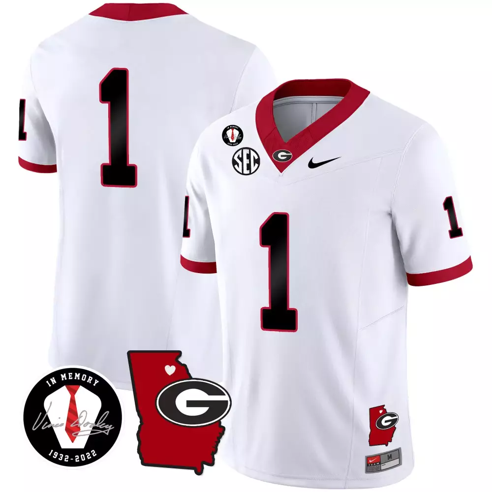 Custom Georgia Bulldogs 1 Jersey White In Memory Of Vince Dooley State Outline 2022