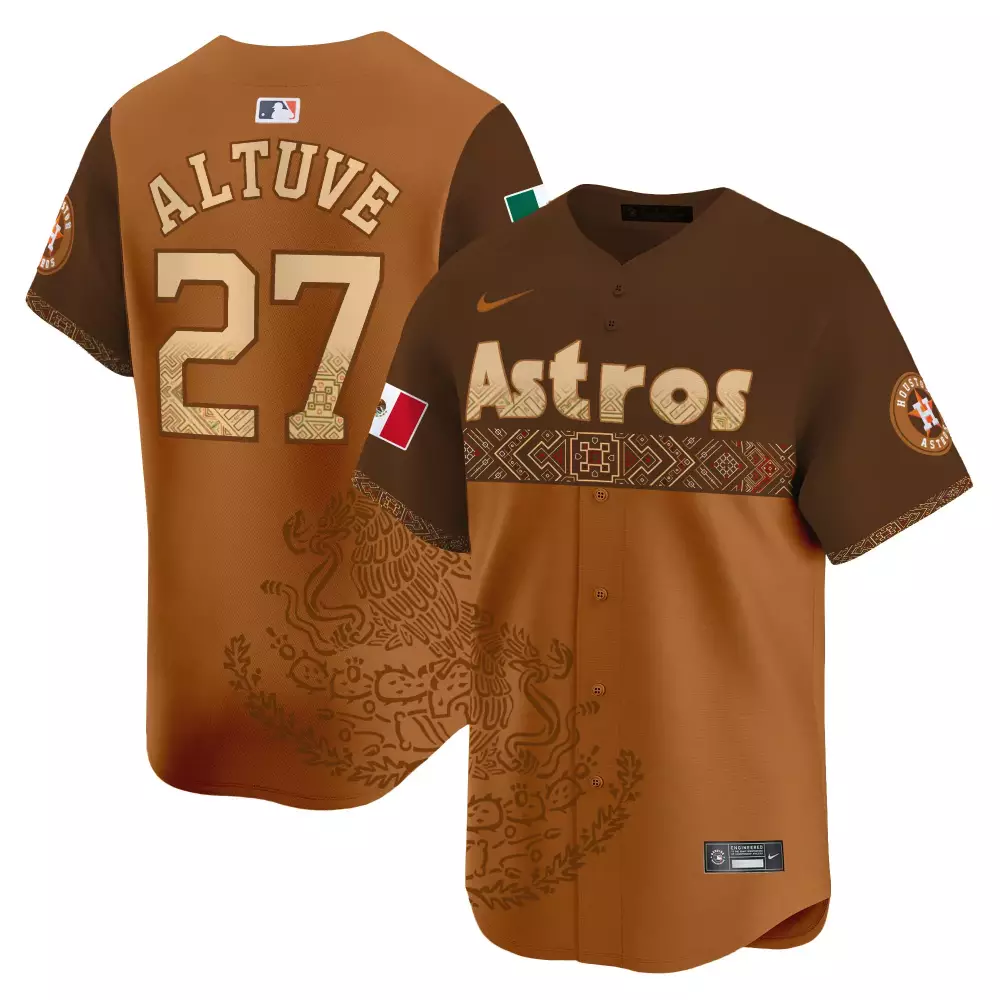 Jose Altuve 27 Astros Jersey Brown Mexico Flag Men Replica Custom Design Gold Orange