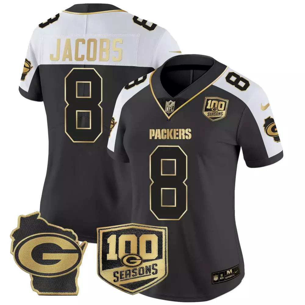 Josh Jacobs 8 Packers Jersey Black 100th Season 100 Seasons Wisconsin Shape Men Alternate