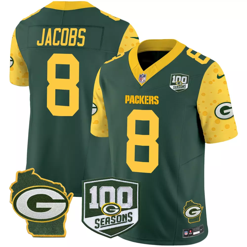 Jacobs 8 Packers Jersey Green 100 Seasons Wisconsin State Outline Men NFL Yellow