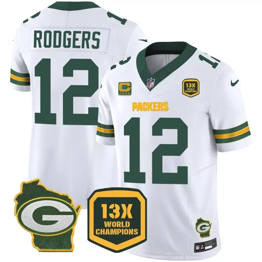 Aaron Rodgers 12 Packers Jersey White Wisconsin 13X World Champions Men Authentic