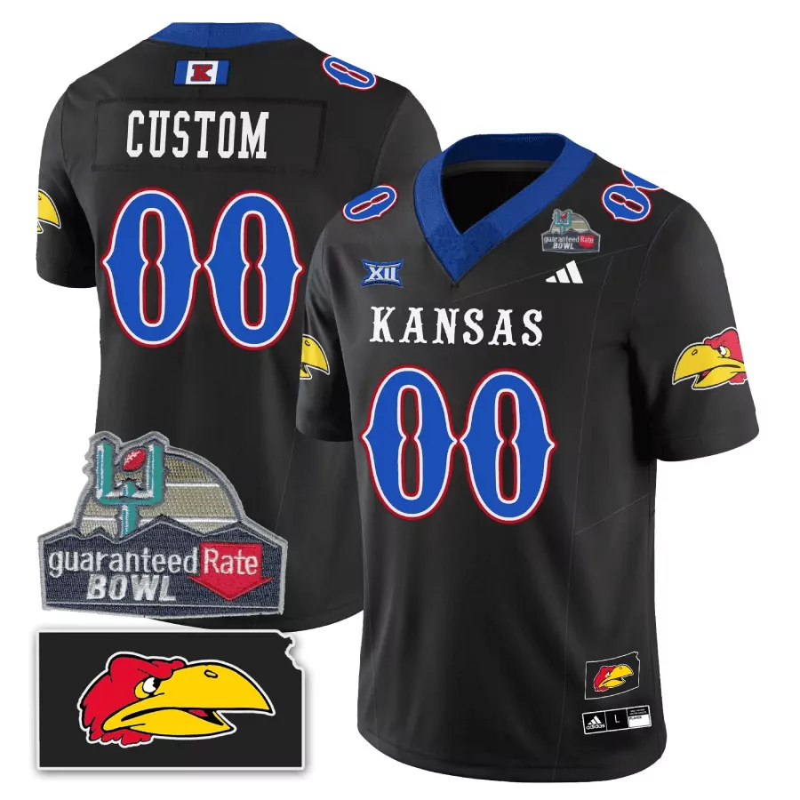 Custom Kansas Jayhawks Jersey Black Guaranteed Rate Bowl 2023 Men Blue Red White