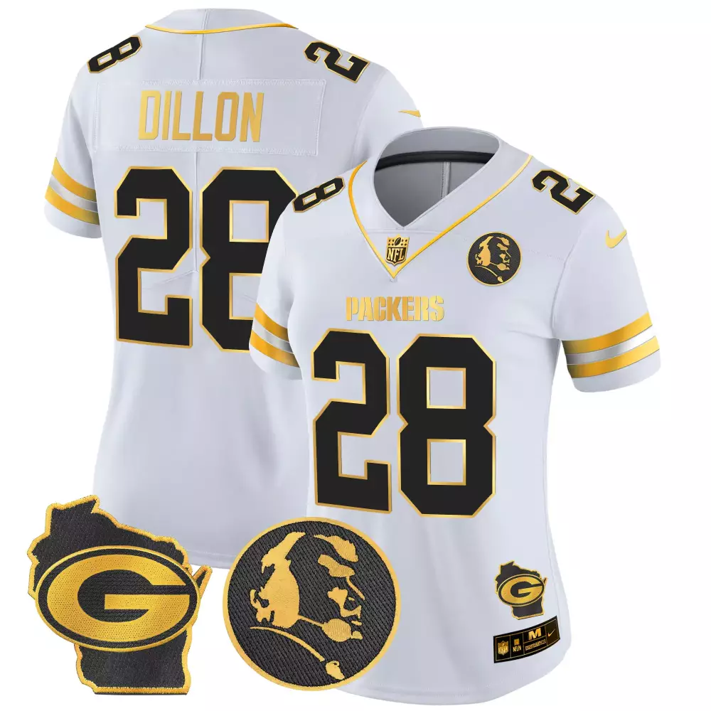 Aj Dillon 28 Packers Jersey White Wisconsin Outline Football Player Head Silhouette 2022