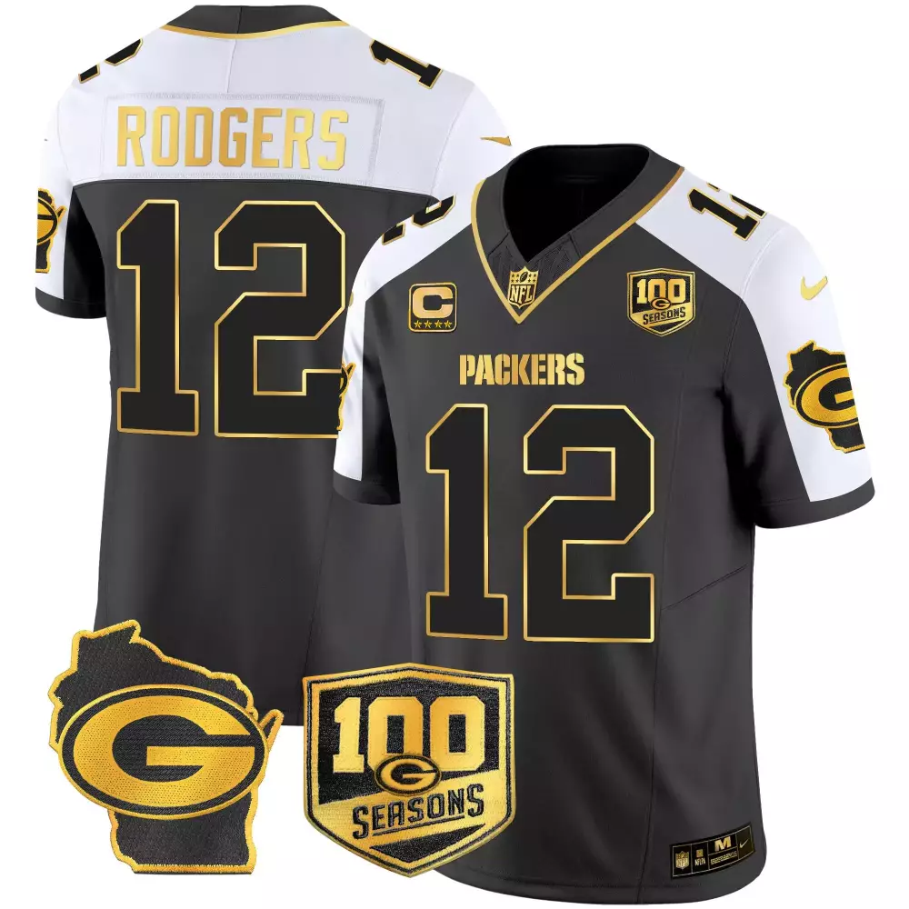 Aaron Rodgers 12 Packers Jersey Black 100th Season Wisconsin Shape 100 Seasons Men